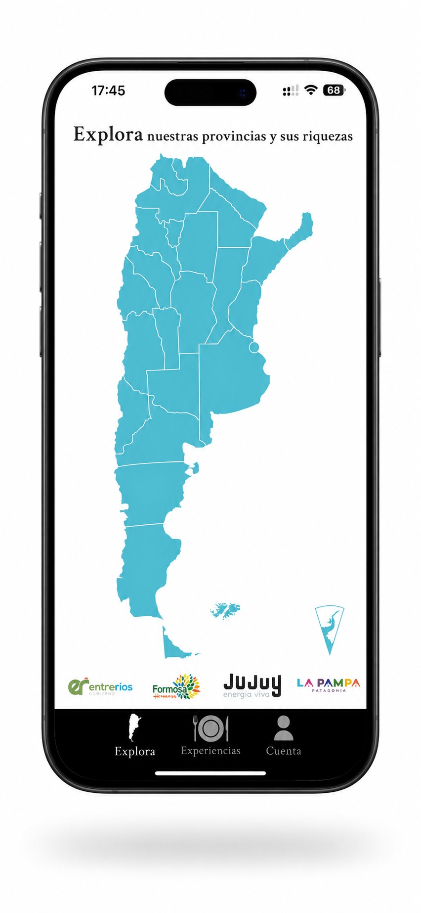 App Argentina al Mundo · Mockup iPhone · Mapa federal con 24 jurisdicciones · Provincias adheridas visibles